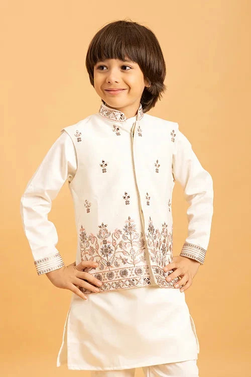 Premium White Mirror Work Koti Kurta Set for Boys