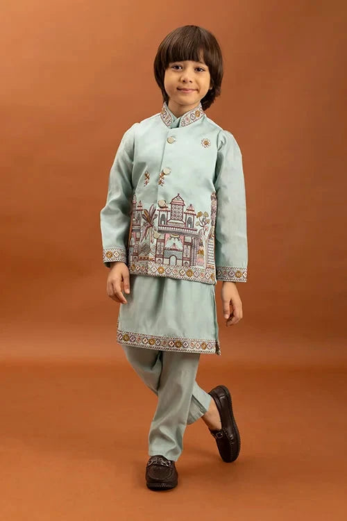 Wedding Sky Blue Koti Kurta Set for Kids 6-12 Yrs