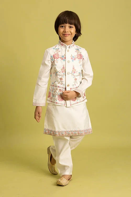 Traditional Wear White Koti Kurta Pajama for Boys Wear