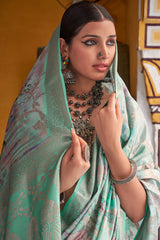 Eclat Sea Green Digital Printed Cotton Silk Saree With Twirling Blouse Piece