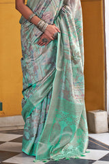 Eclat Sea Green Digital Printed Cotton Silk Saree With Twirling Blouse Piece