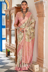 Posh Beige Digital Printed Cotton Silk Saree With Delightful Blouse Piece