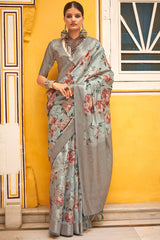 Amazing Grey Digital Printed Cotton Silk Saree With Enigmatic Blouse Piece