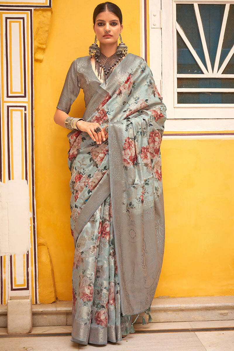 Amazing Grey Digital Printed Cotton Silk Saree With Enigmatic Blouse Piece