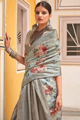 Amazing Grey Digital Printed Cotton Silk Saree With Enigmatic Blouse Piece