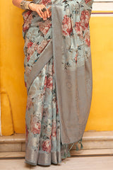Amazing Grey Digital Printed Cotton Silk Saree With Enigmatic Blouse Piece