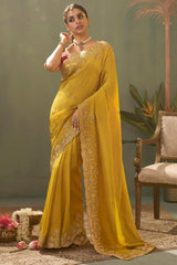 Sumptuous Yellow Fancy Silk Embroidery Work Saree With Embroidery Work Blouse Piece