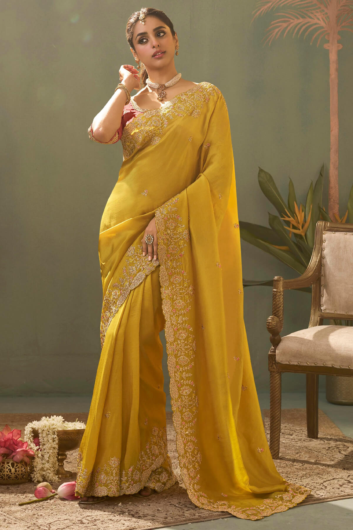 Sumptuous Yellow Fancy Silk Embroidery Work Saree With Embroidery Work Blouse Piece