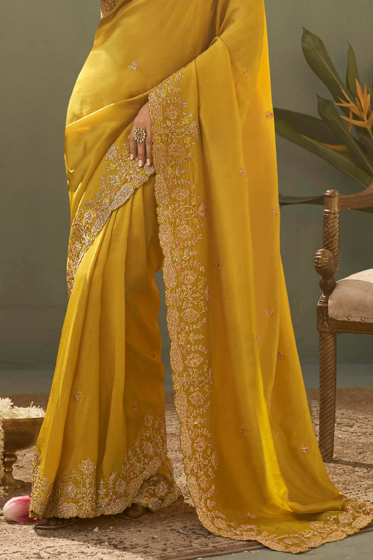 Sumptuous Yellow Fancy Silk Embroidery Work Saree With Embroidery Work Blouse Piece