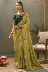 Snappy Green Fancy Silk Embroidery Work Saree With Embroidery Work Blouse Piece