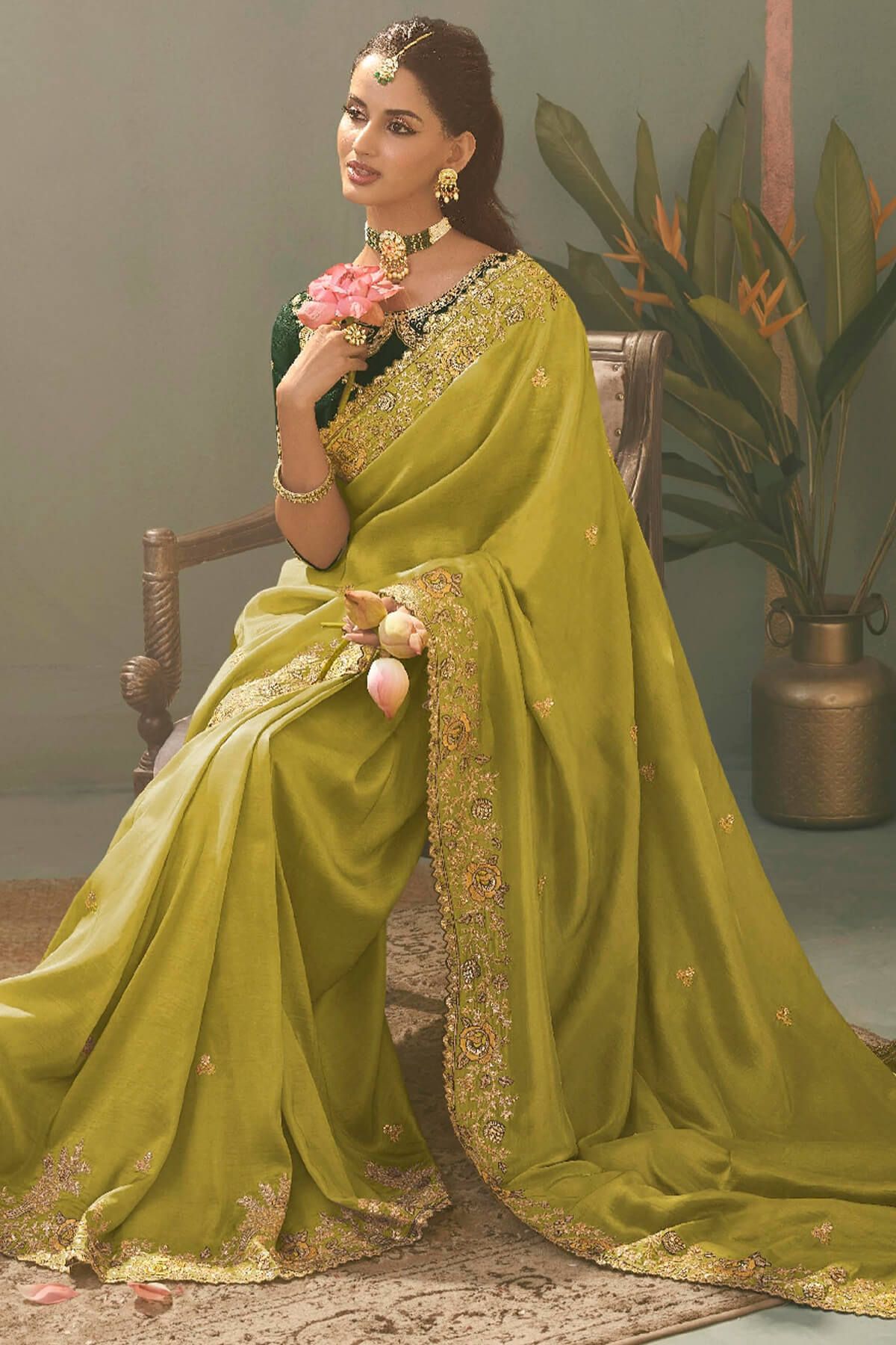 Snappy Green Fancy Silk Embroidery Work Saree With Embroidery Work Blouse Piece