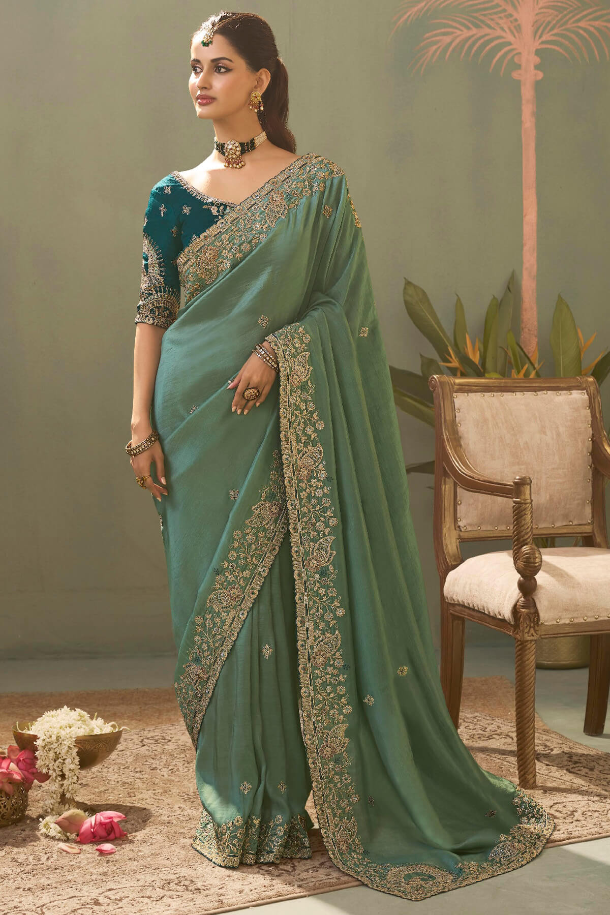 Charming Sea Green Fancy Silk Embroidery Work Saree With Embroidery Work Blouse Piece