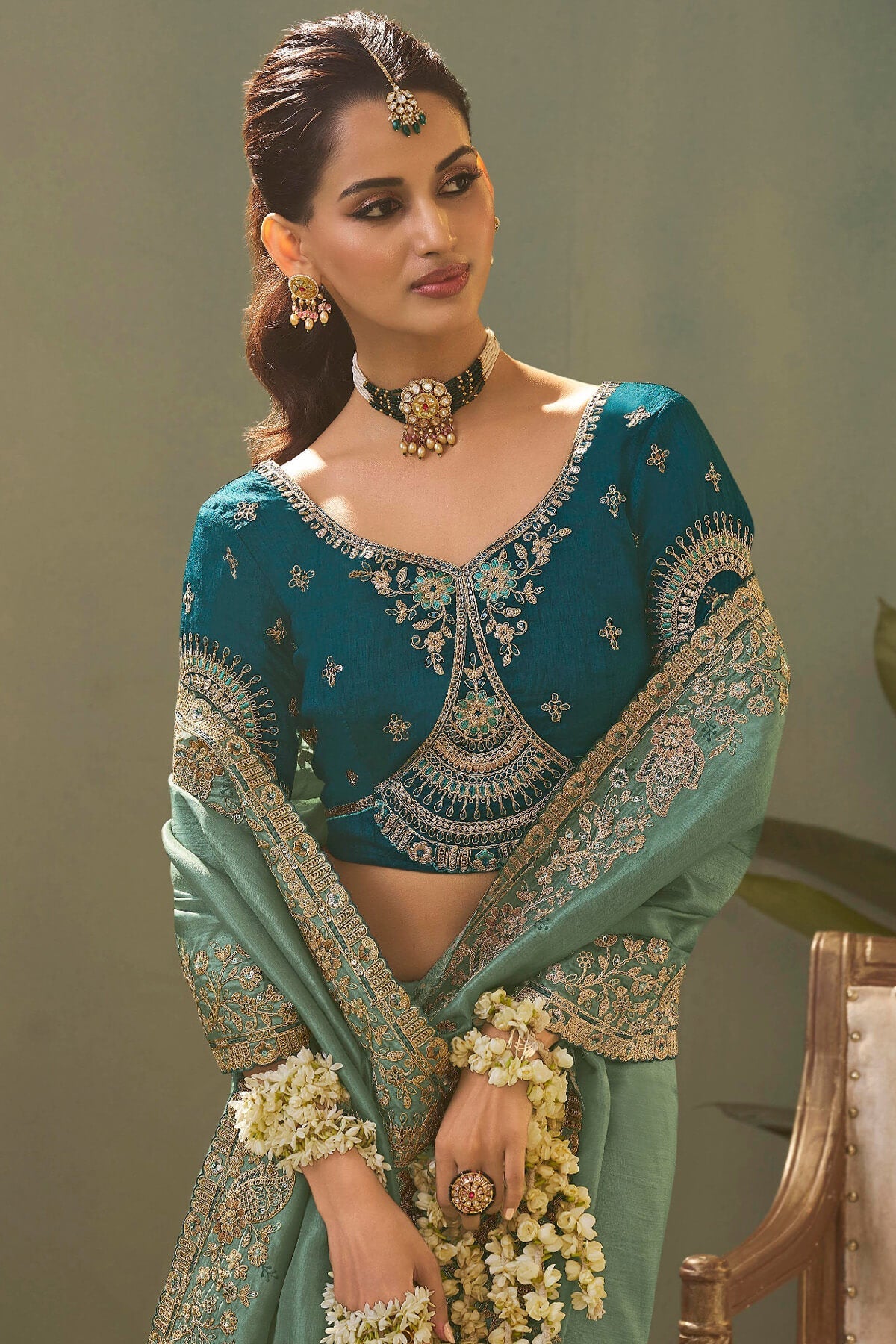 Charming Sea Green Fancy Silk Embroidery Work Saree With Embroidery Work Blouse Piece