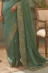 Charming Sea Green Fancy Silk Embroidery Work Saree With Embroidery Work Blouse Piece