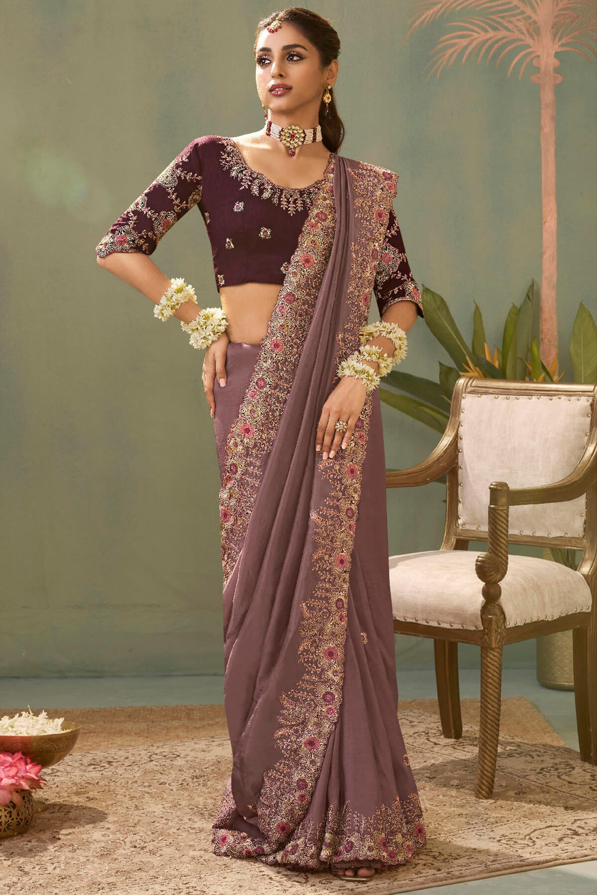 Tantalizing Lavender Fancy Silk Embroidery Work Saree With Embroidery Work Blouse Piece