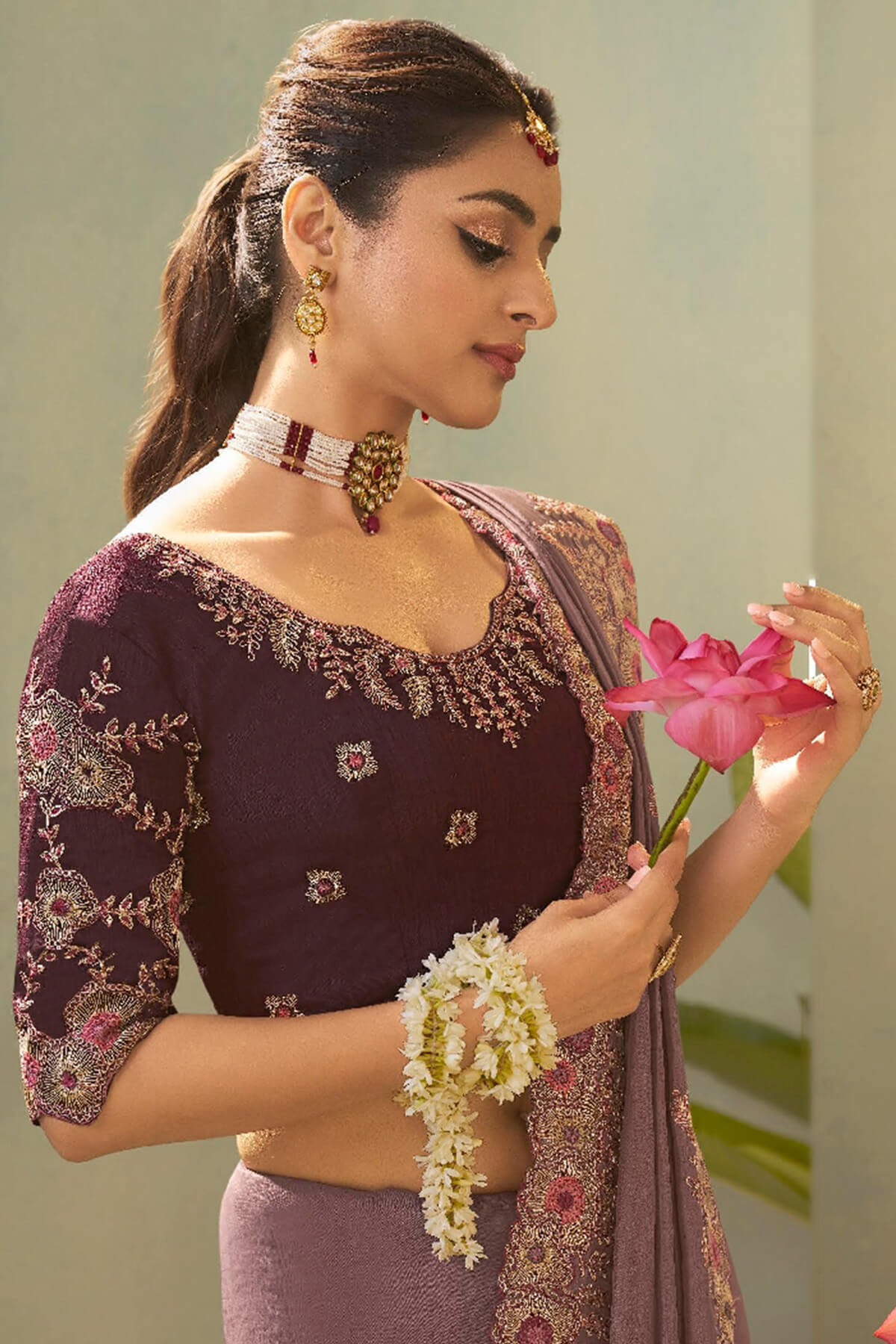 Tantalizing Lavender Fancy Silk Embroidery Work Saree With Embroidery Work Blouse Piece