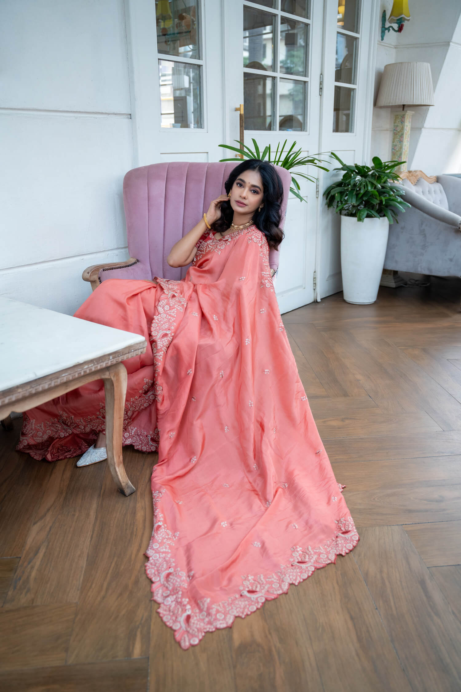 Mugdha Chaphekar in Peach Fancy Silk Saree
