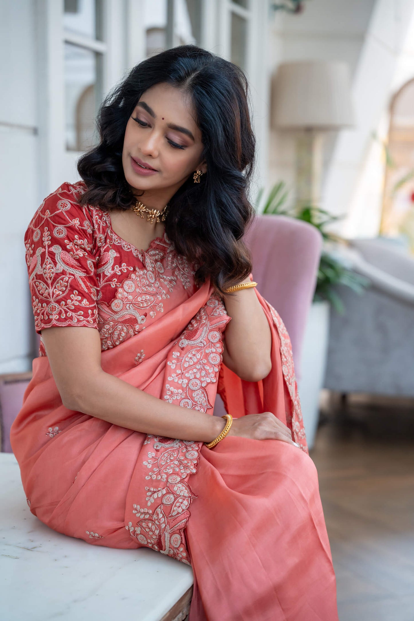 Mugdha Chaphekar in Peach Fancy Silk Saree