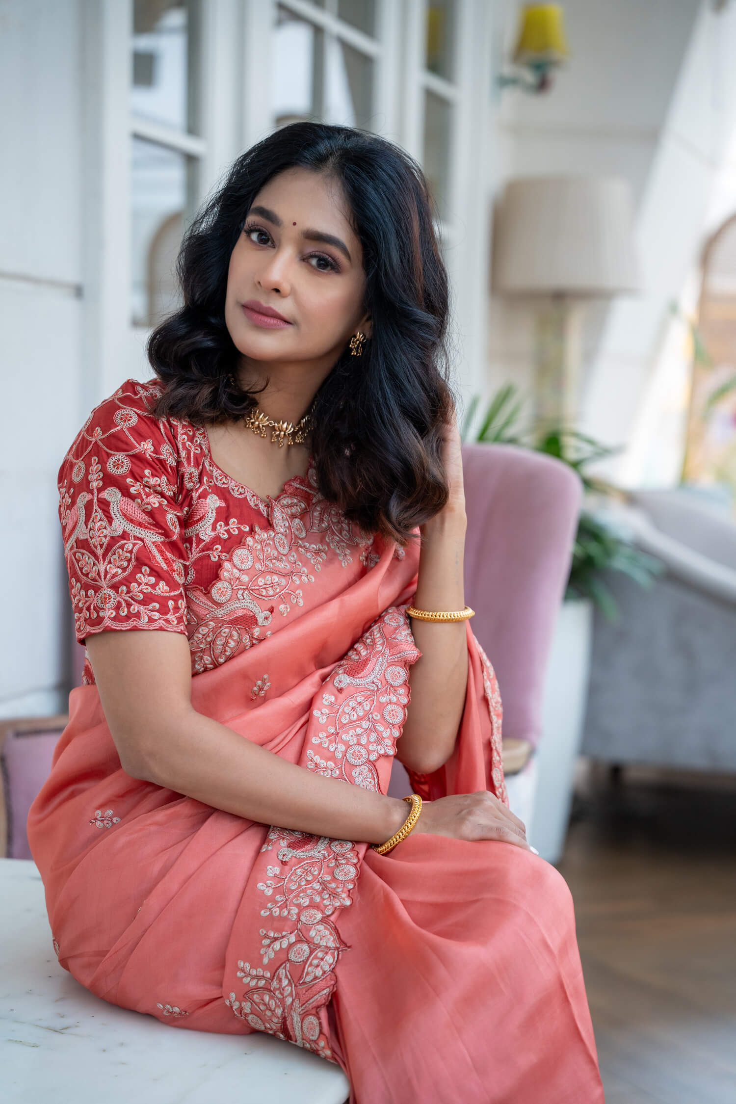 Mugdha Chaphekar in Peach Fancy Silk Saree