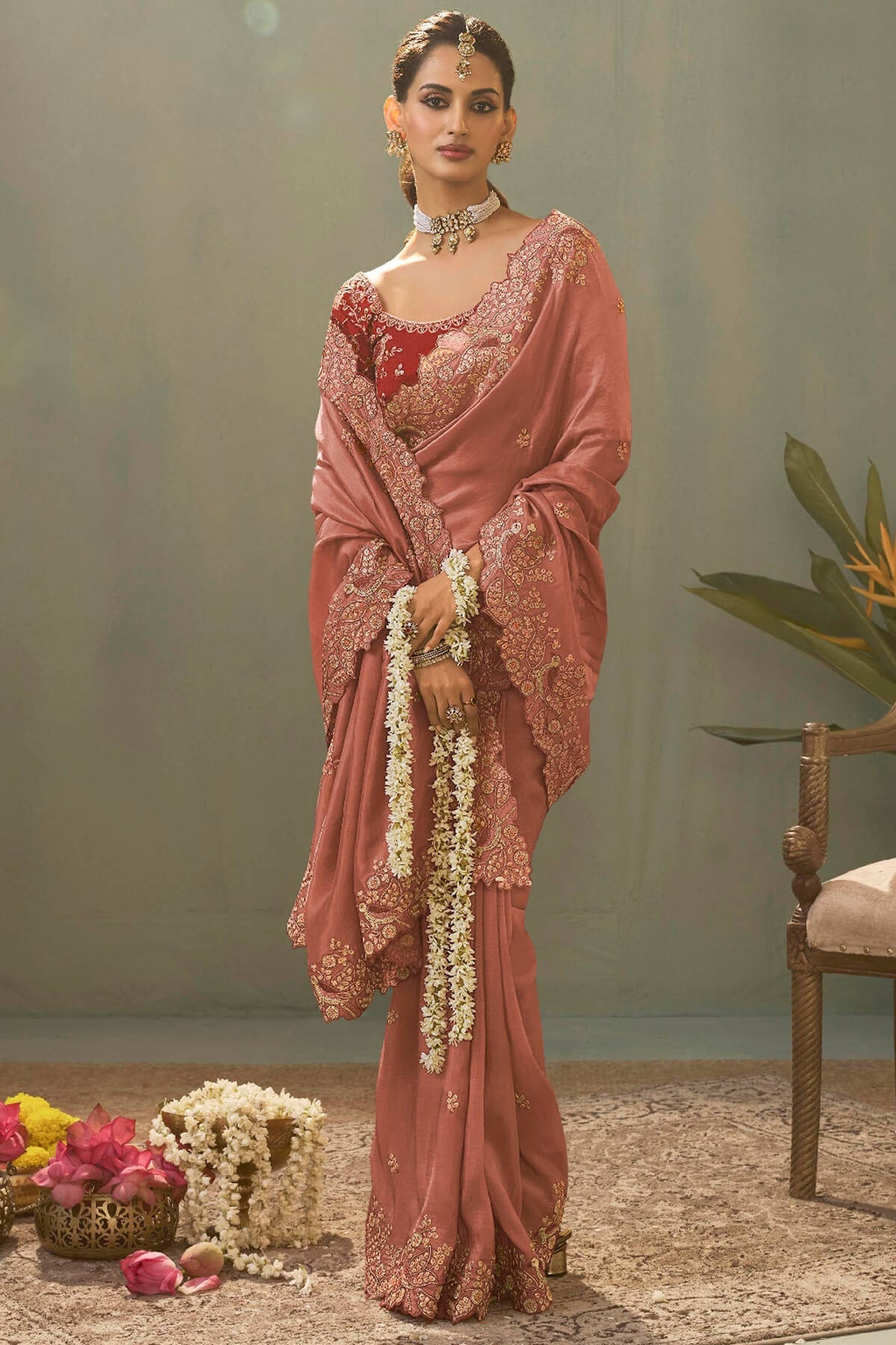 Adoring Peach Fancy Silk Embroidery Work Saree With Designer Blouse Piece