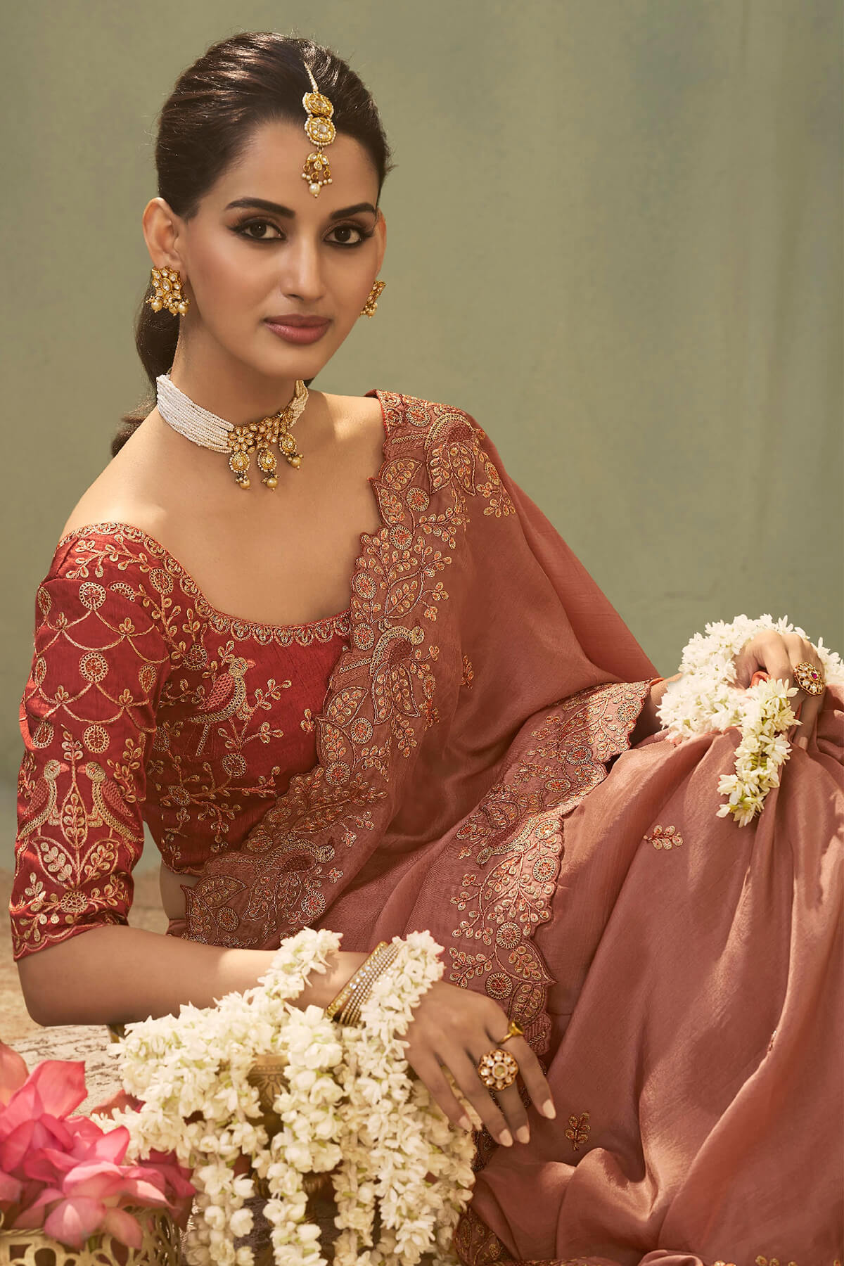 Adoring Peach Fancy Silk Embroidery Work Saree With Designer Blouse Piece