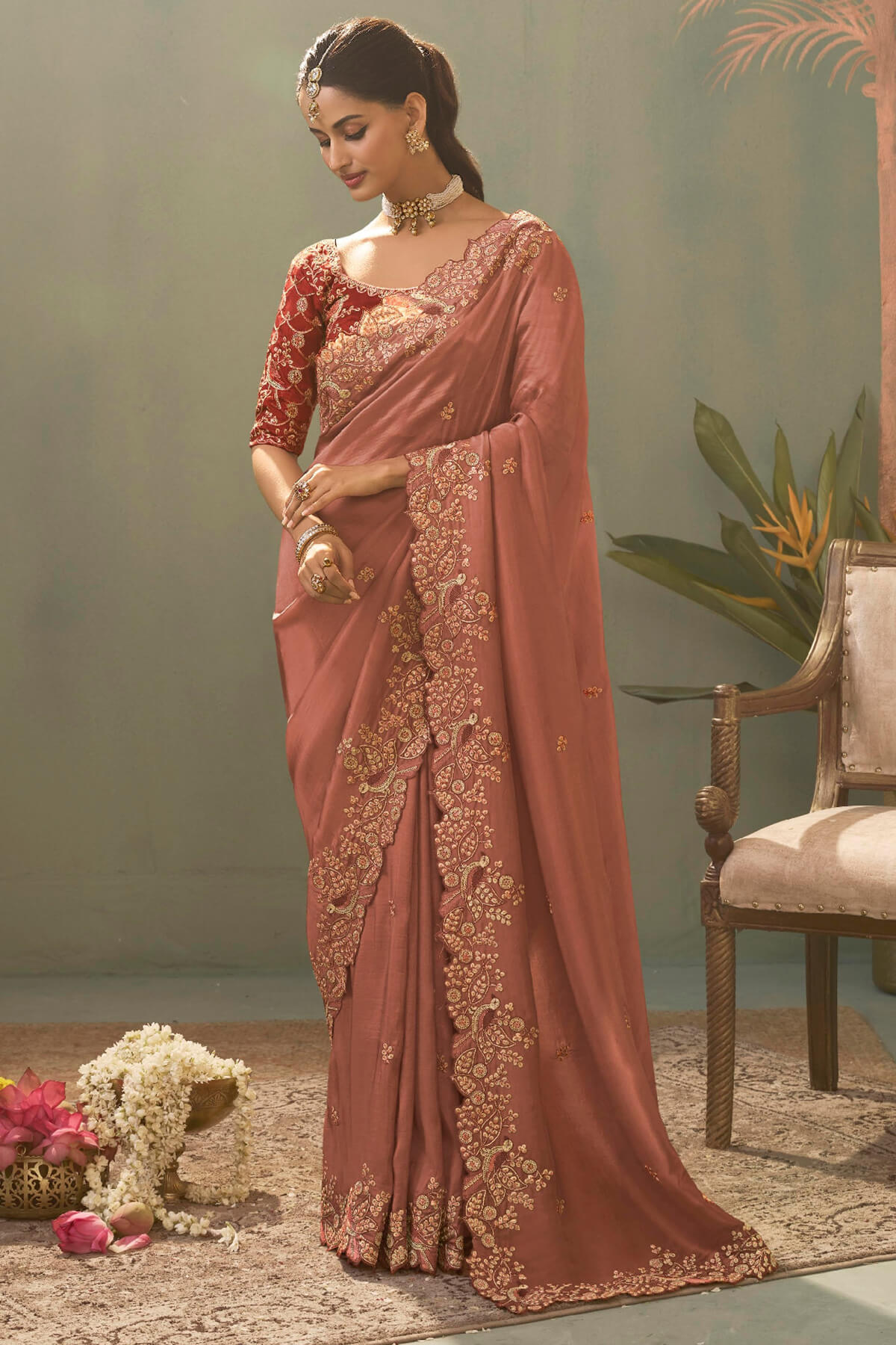 Adoring Peach Fancy Silk Embroidery Work Saree With Designer Blouse Piece