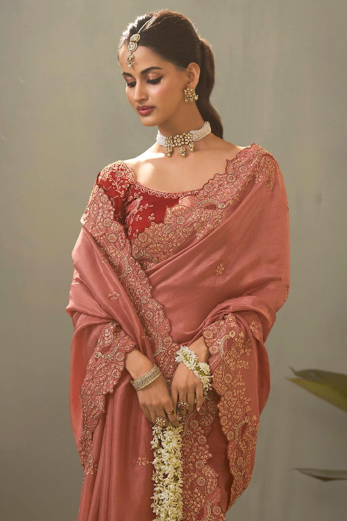 Adoring Peach Fancy Silk Embroidery Work Saree With Designer Blouse Piece