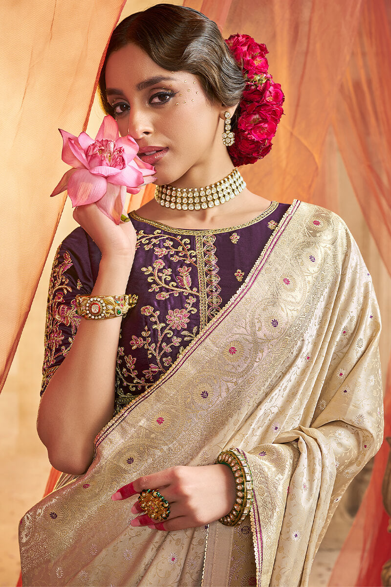 Resonant Beige Banarasi Satin Silk Saree With Winsome Blouse