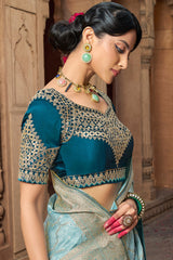 Stunning Sky Banarasi Satin Silk Saree With Energetic Blouse