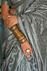 Lassitude Grey Digital Printed Soft Silk Saree With Desiring Blouse Piece