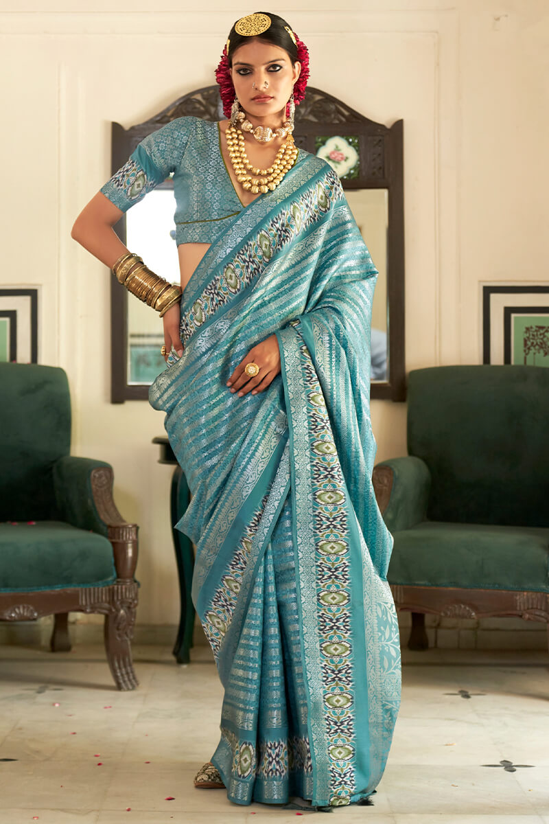 Precious Firozi Digital Printed Soft Silk Saree With Sizzling Blouse Piece