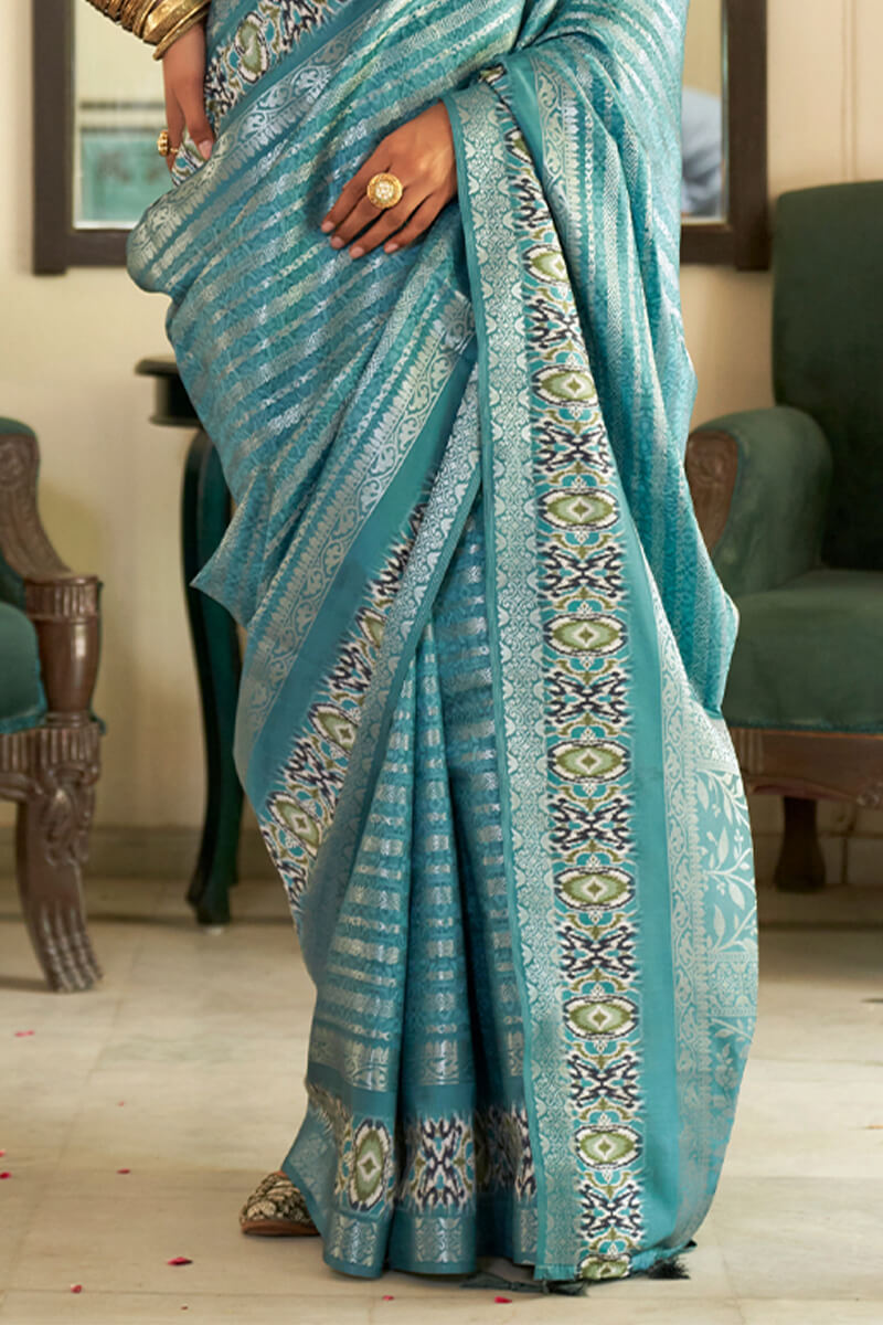 Precious Firozi Digital Printed Soft Silk Saree With Sizzling Blouse Piece