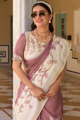 Eloquence Lavender Printed Embroidery Work Tussar Silk Saree With Mesmerising Blouse Piece