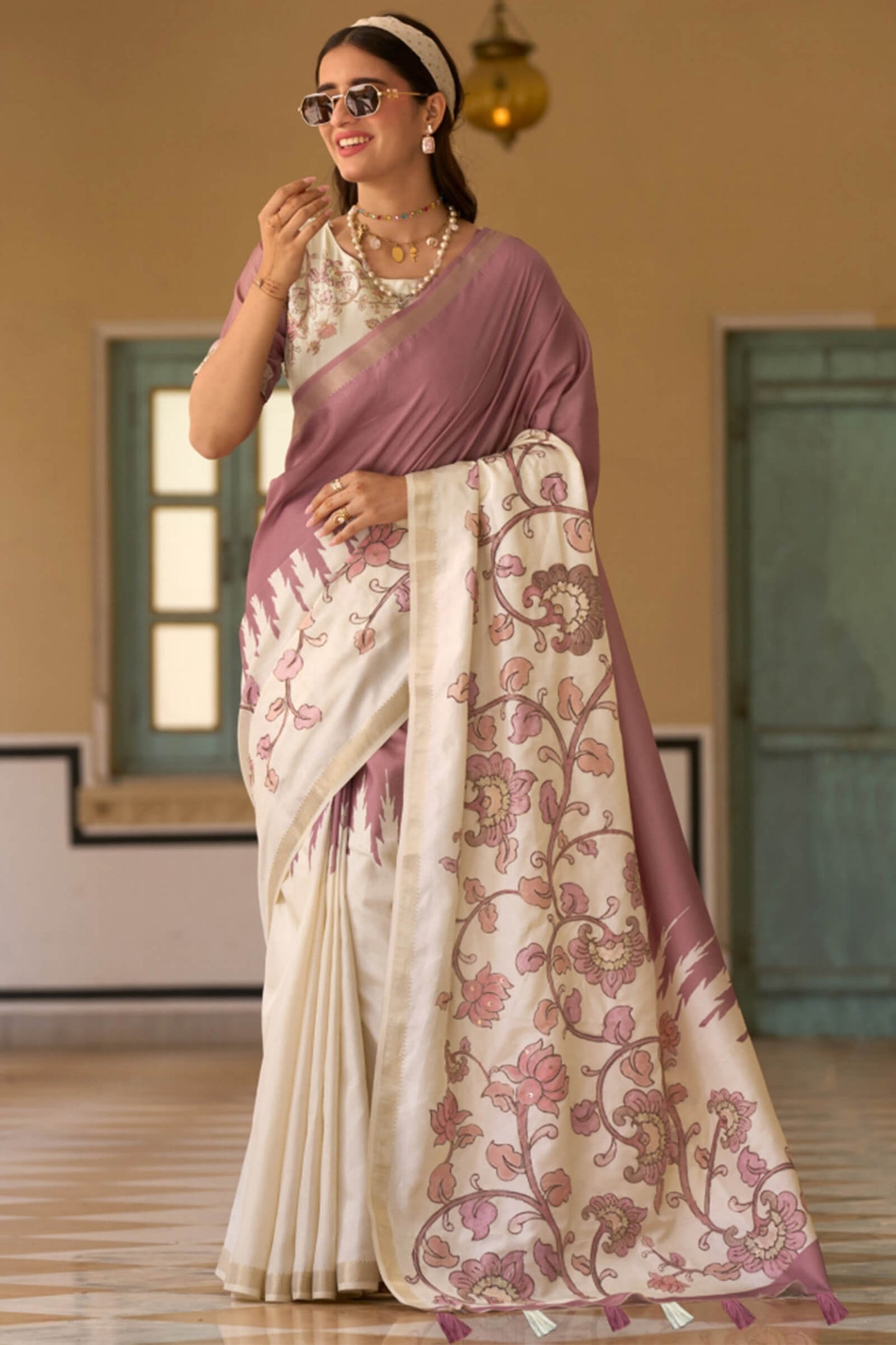 Eloquence Lavender Printed Embroidery Work Tussar Silk Saree With Mesmerising Blouse Piece