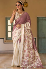 Eloquence Lavender Printed Embroidery Work Tussar Silk Saree With Mesmerising Blouse Piece