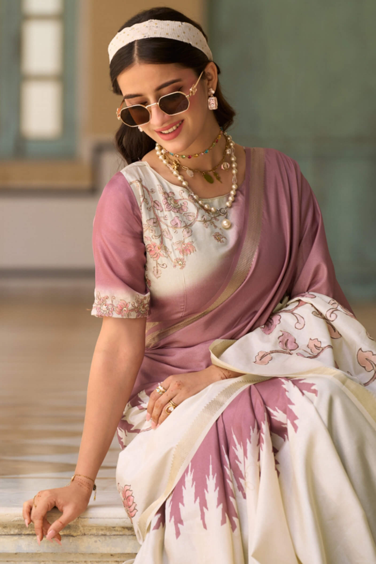 Eloquence Lavender Printed Embroidery Work Tussar Silk Saree With Mesmerising Blouse Piece