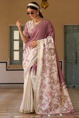 Eloquence Lavender Printed Embroidery Work Tussar Silk Saree With Mesmerising Blouse Piece