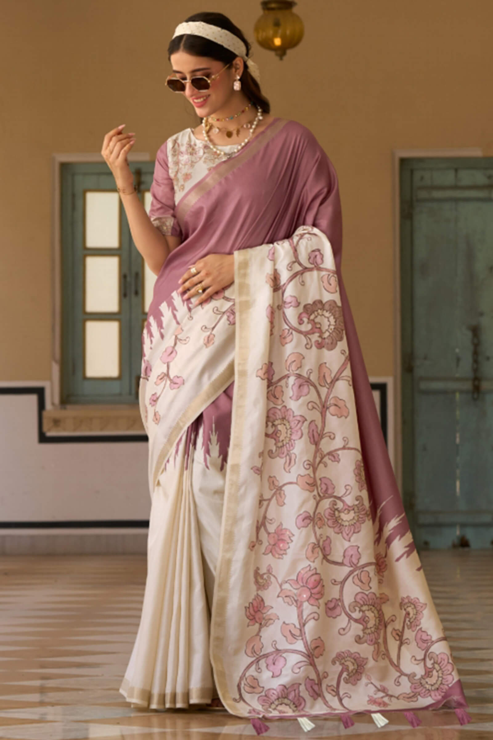 Eloquence Lavender Printed Embroidery Work Tussar Silk Saree With Mesmerising Blouse Piece