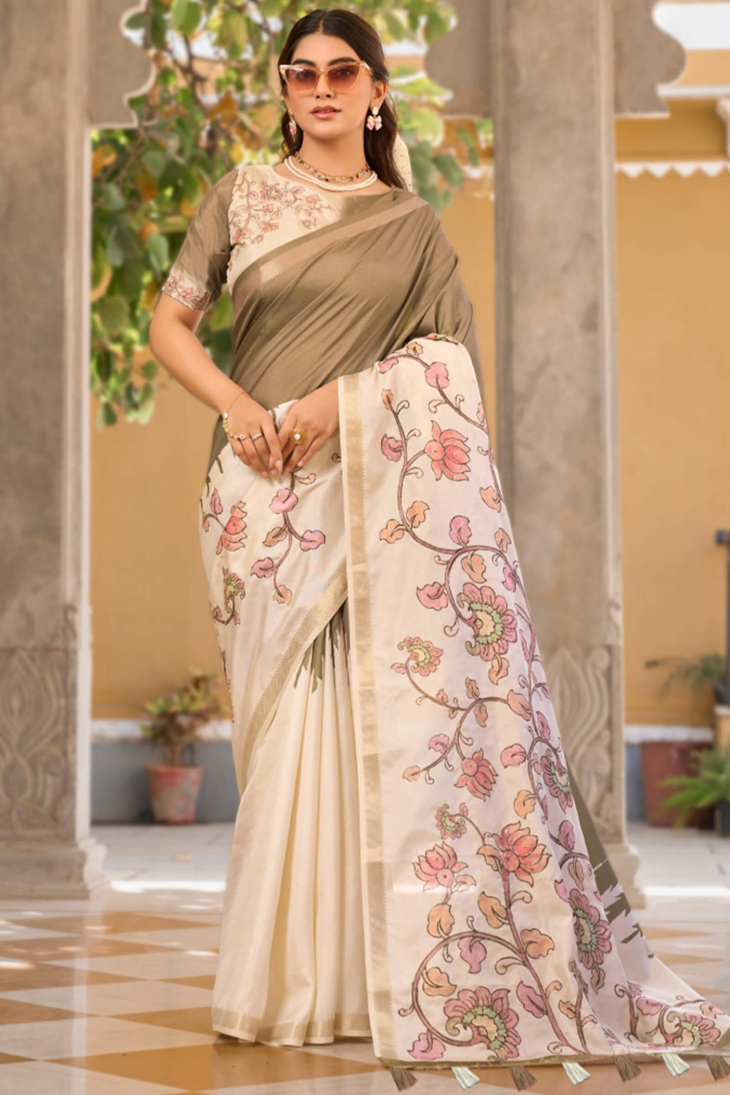 Allure Brown Printed Embroidery Work Tussar Silk Saree With Intricate Blouse Piece