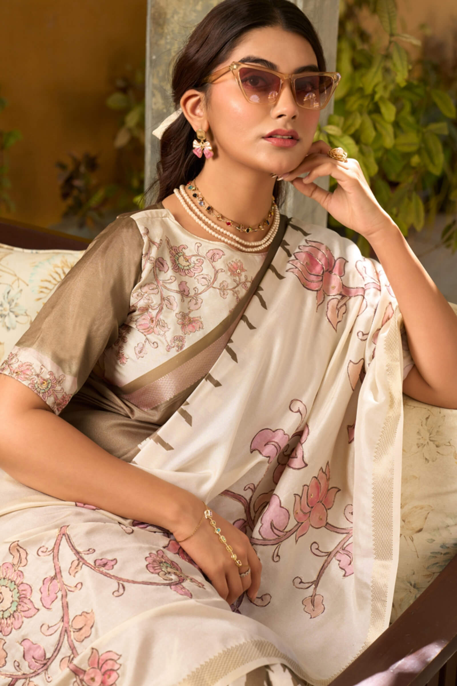 Allure Brown Printed Embroidery Work Tussar Silk Saree With Intricate Blouse Piece