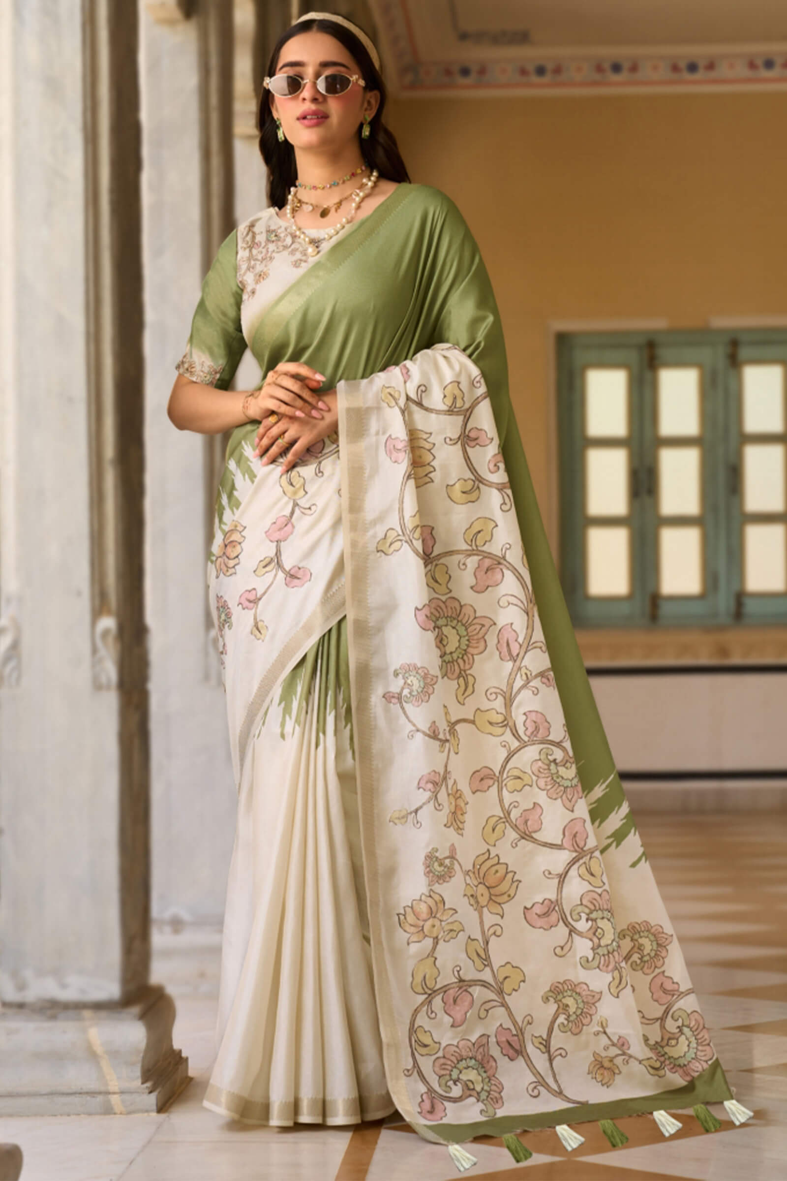 Brood Green Printed Embroidery Work Tussar Silk Saree With Tremendous Blouse Piece