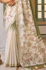 Brood Green Printed Embroidery Work Tussar Silk Saree With Tremendous Blouse Piece