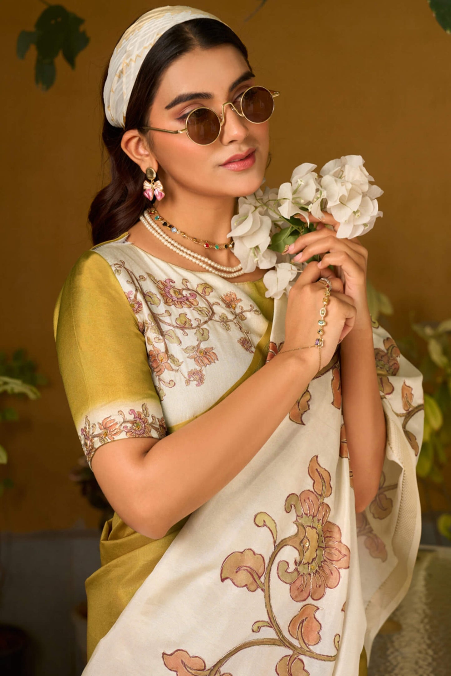 Ailurophile Mustard Printed Embroidery Work Tussar Silk Saree With Gorgeous Blouse Piece