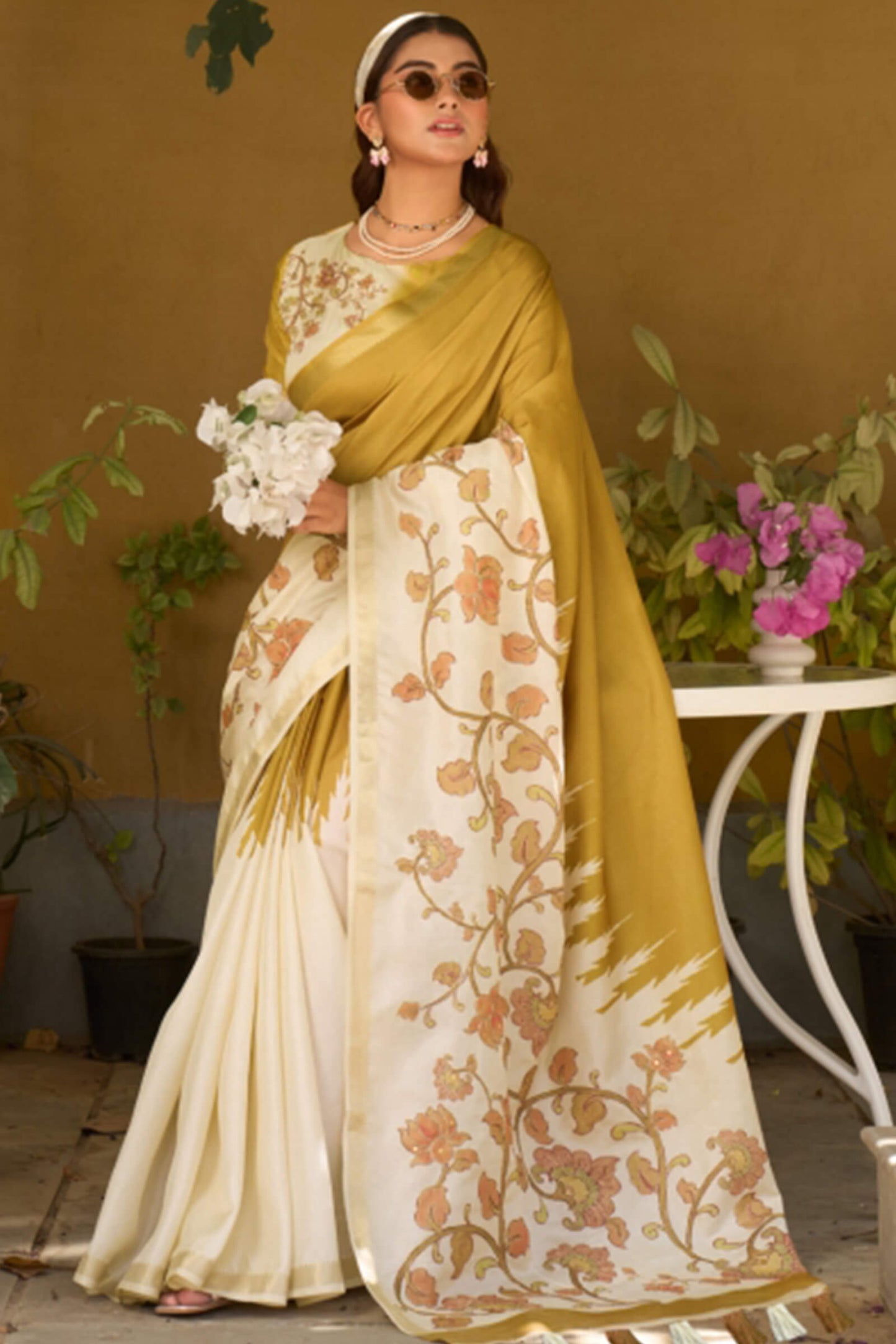 Ailurophile Mustard Printed Embroidery Work Tussar Silk Saree With Gorgeous Blouse Piece