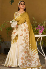 Ailurophile Mustard Printed Embroidery Work Tussar Silk Saree With Gorgeous Blouse Piece