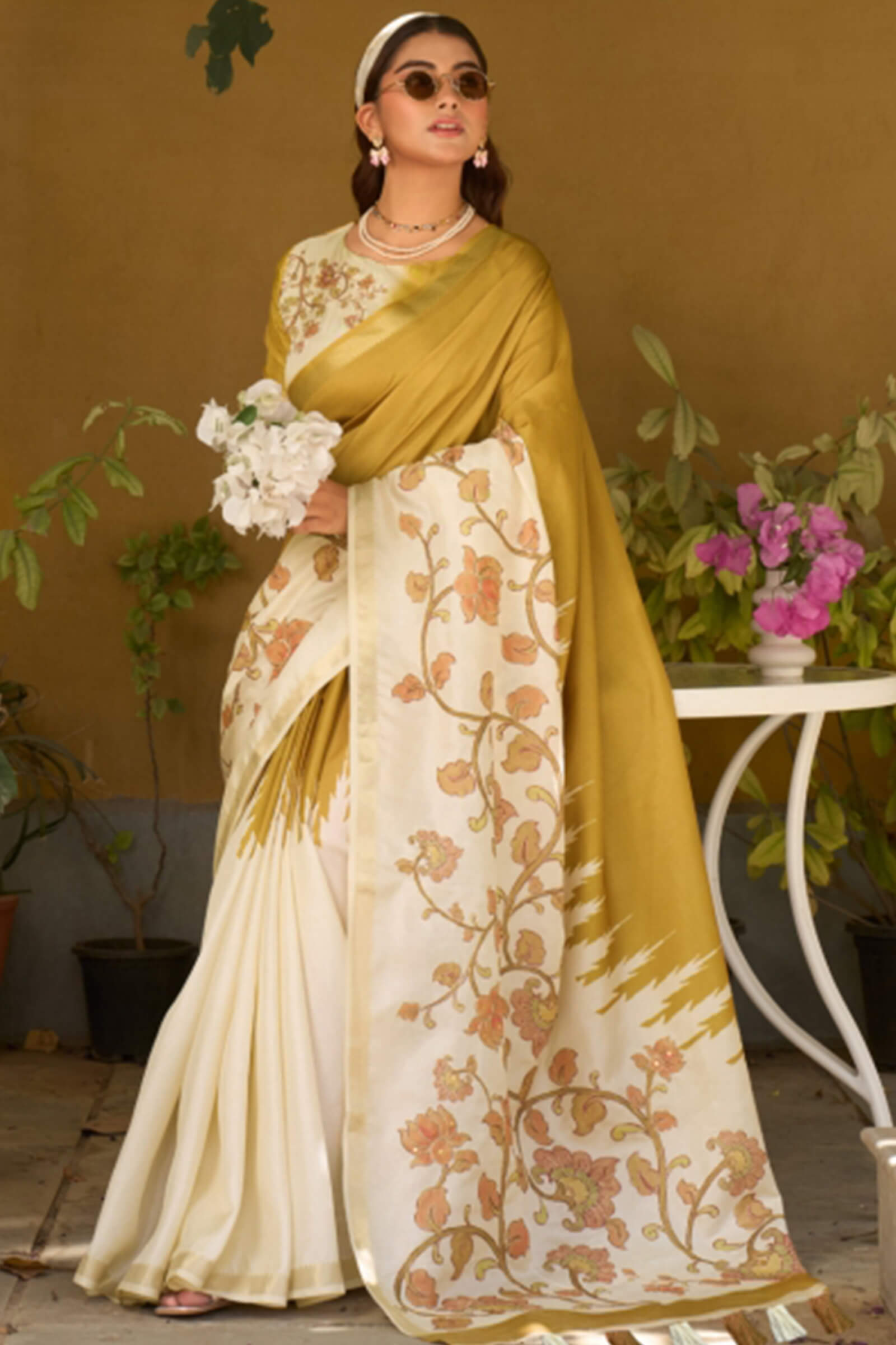 Ailurophile Mustard Printed Embroidery Work Tussar Silk Saree With Gorgeous Blouse Piece