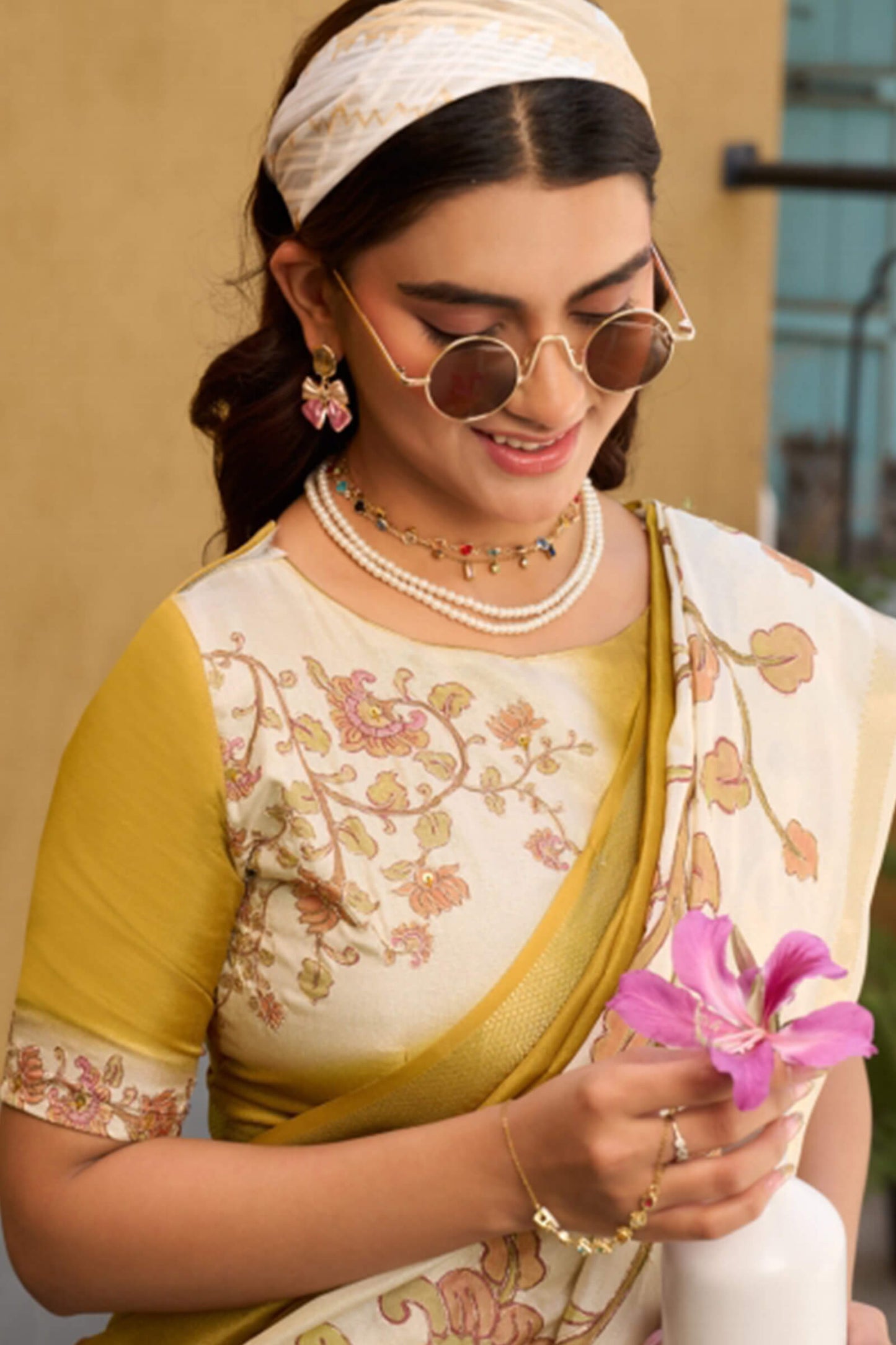 Ailurophile Mustard Printed Embroidery Work Tussar Silk Saree With Gorgeous Blouse Piece