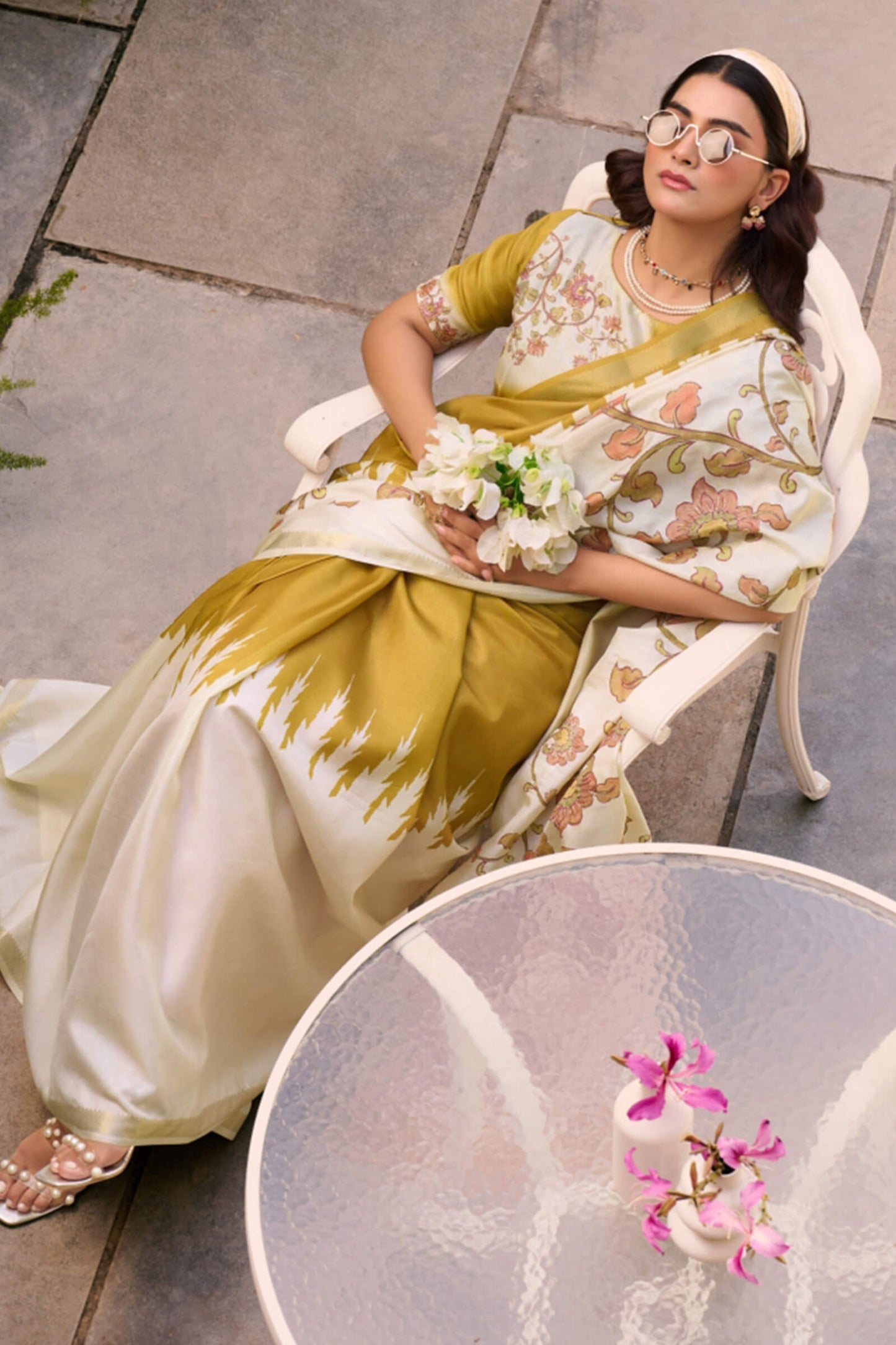 Ailurophile Mustard Printed Embroidery Work Tussar Silk Saree With Gorgeous Blouse Piece