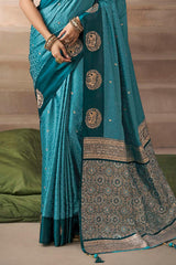 Zephyr Rama Banarasi Satin Silk Saree With Ephemeral Blouse