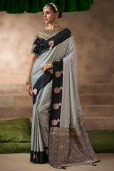 Resonant Grey Banarasi Satin Silk Saree With Enigmatic Blouse